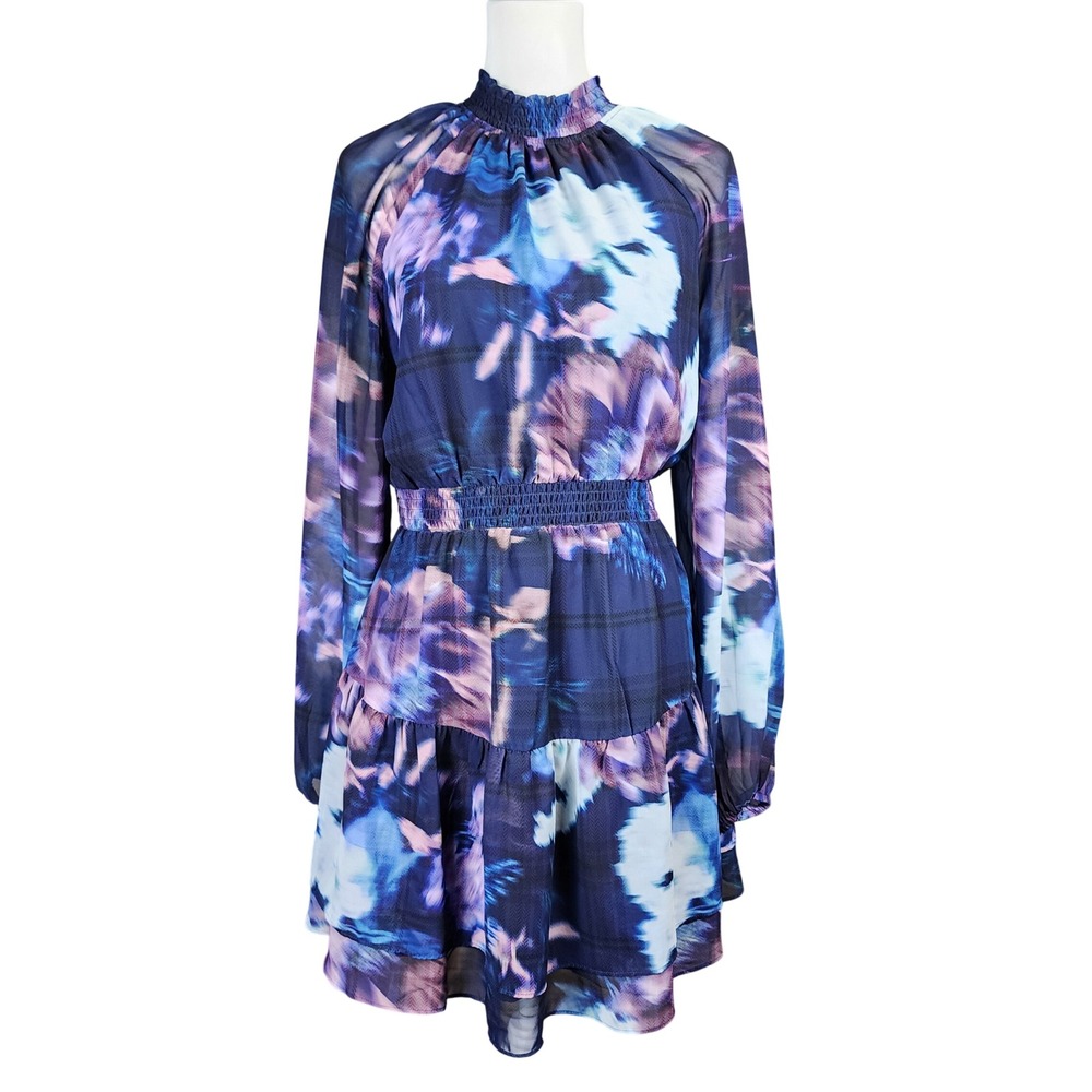 Steve Madden Mini Dress Womens Medium Purple Blue Smocked Tiered Sheer Casual